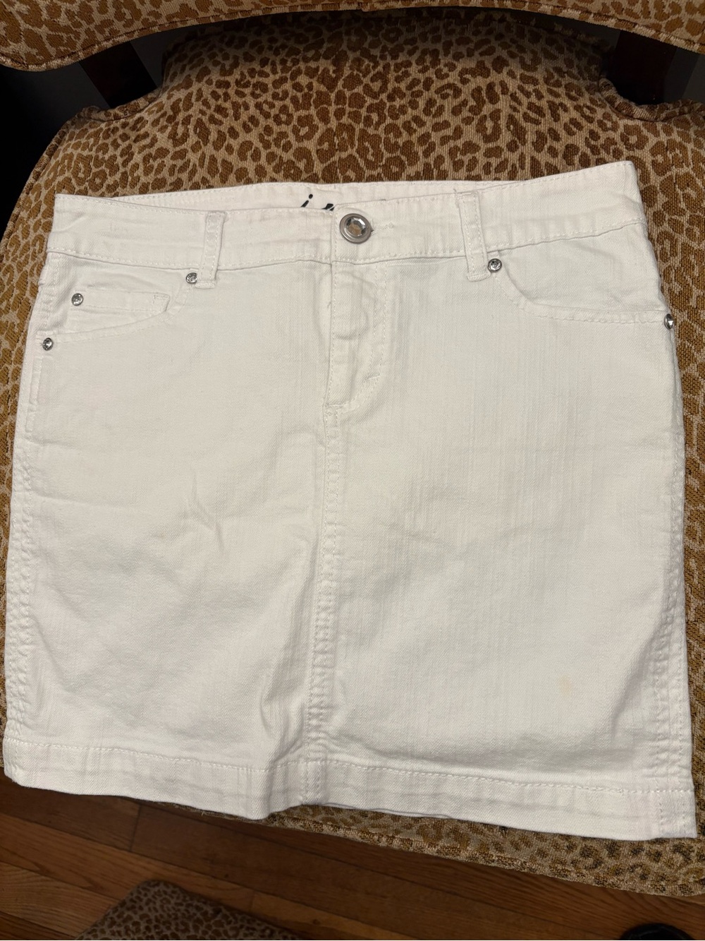 INC White Denim Mini Skirt with Crystal-Studded Back Pockets - Picture 2 of 7